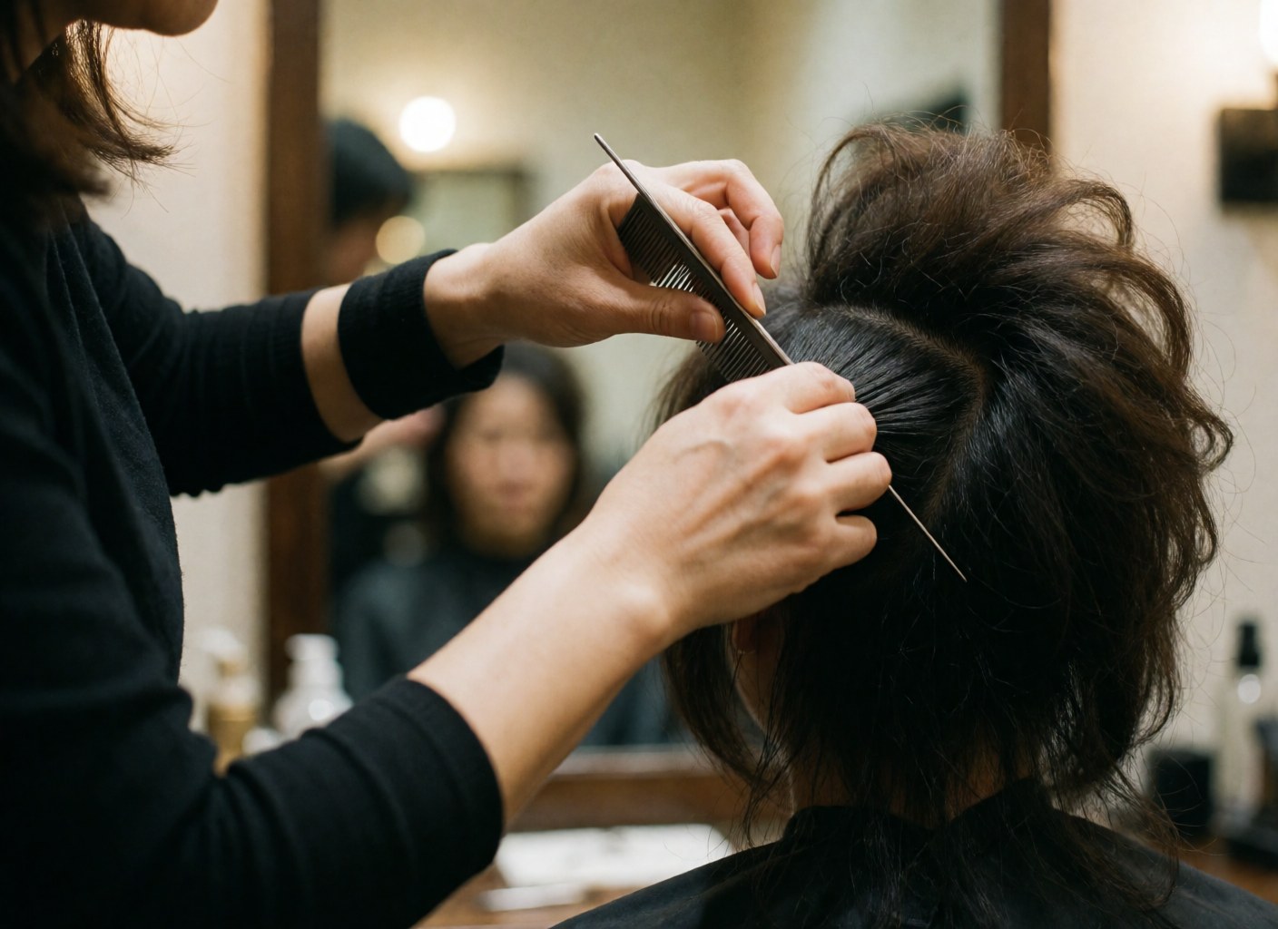 Detailed view of styled hair showcasing volume and texture, with a comb visible in the background at a hair salon