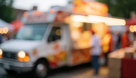 Softly blurred background featuring warm yellow and orange bokeh lights, ideal for text overlays in promotional food truck marketing materials.