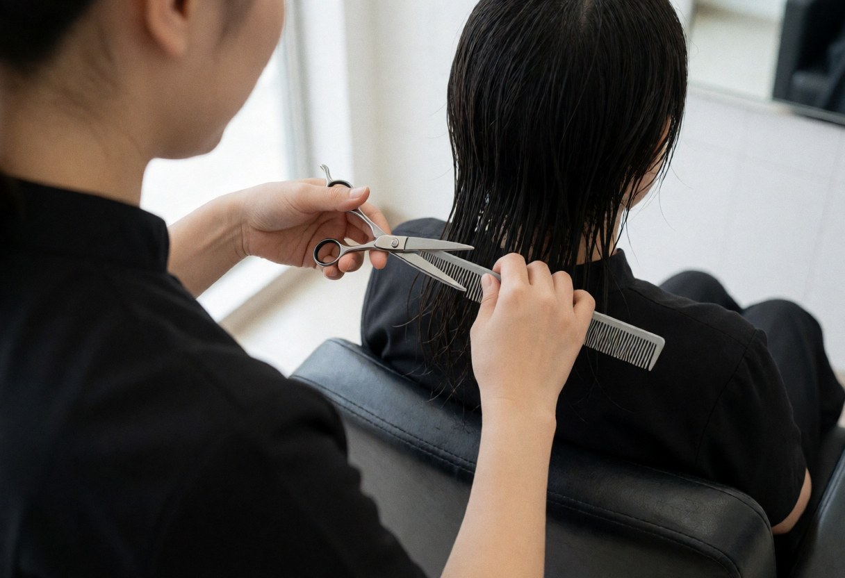 Professional stylist cutting dark wet hair with scissors and comb in a salon chair with natural light