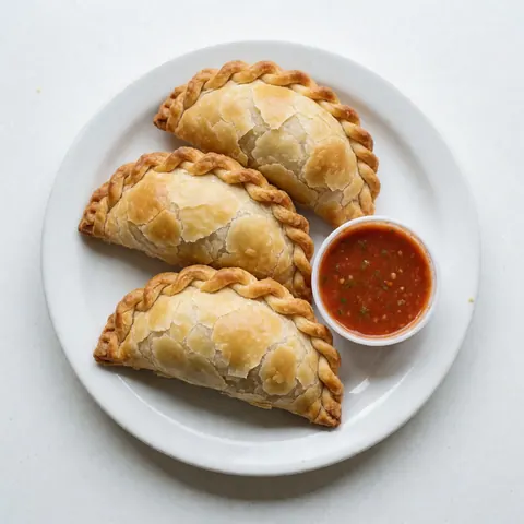 Three golden fried empanadas served on a white plate with red and green salsa, shot from above with bright lighting
