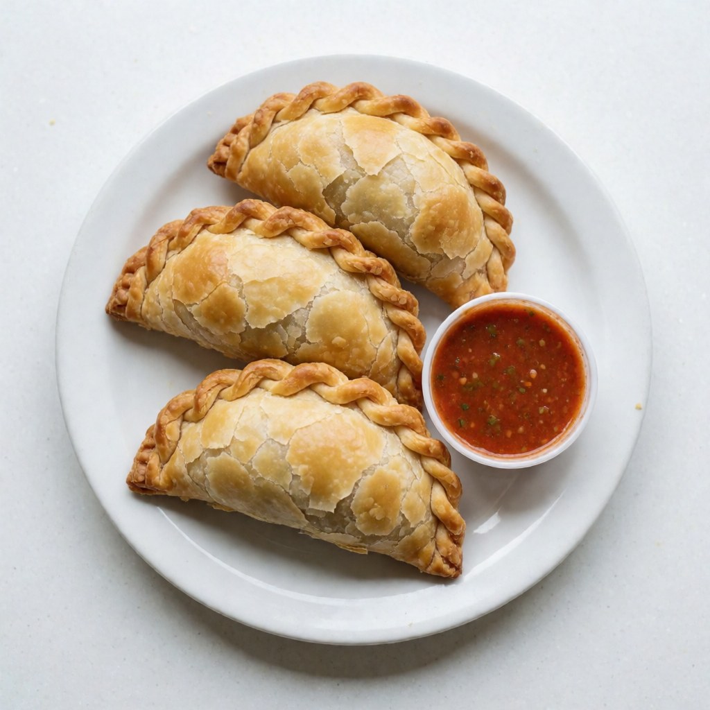 Three golden fried empanadas served on a white plate with red and green salsa, shot from above with bright lighting