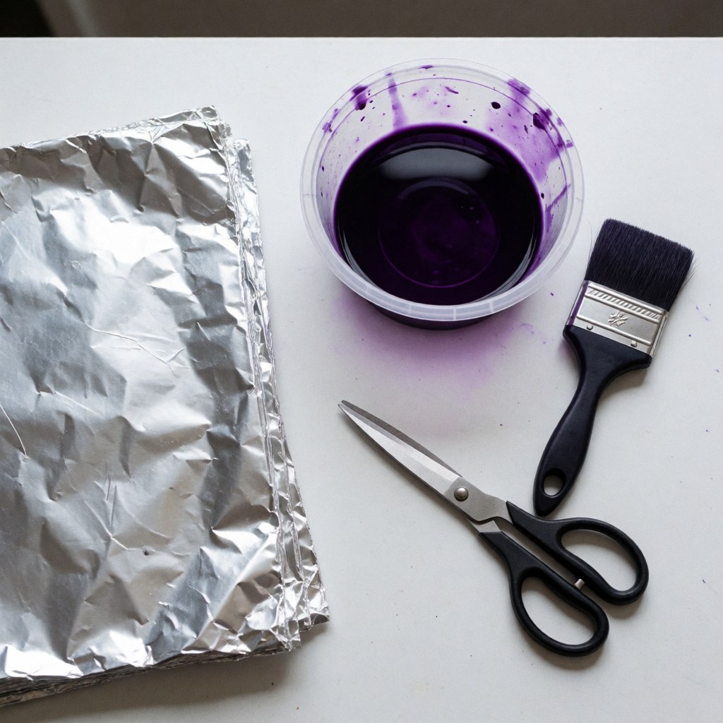 Purple hair dye in a bowl, brush, scissors, and foil sheets on a white table for professional hair coloring preparation