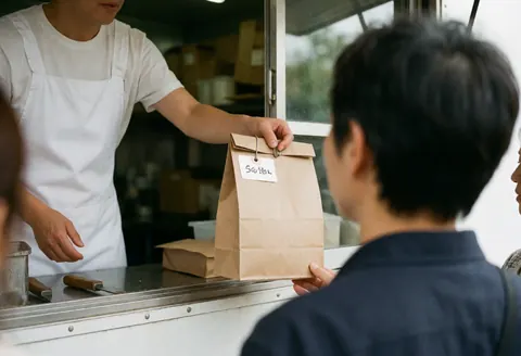 A food truck worker hands a takeout bag to a customer during service, illustrating efficient street food business operations.