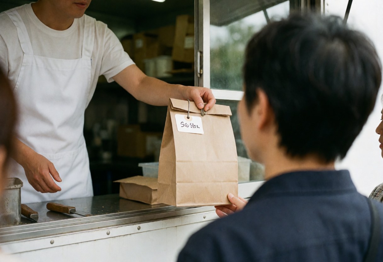 A food truck worker hands a takeout bag to a customer during service, illustrating efficient street food business operations.