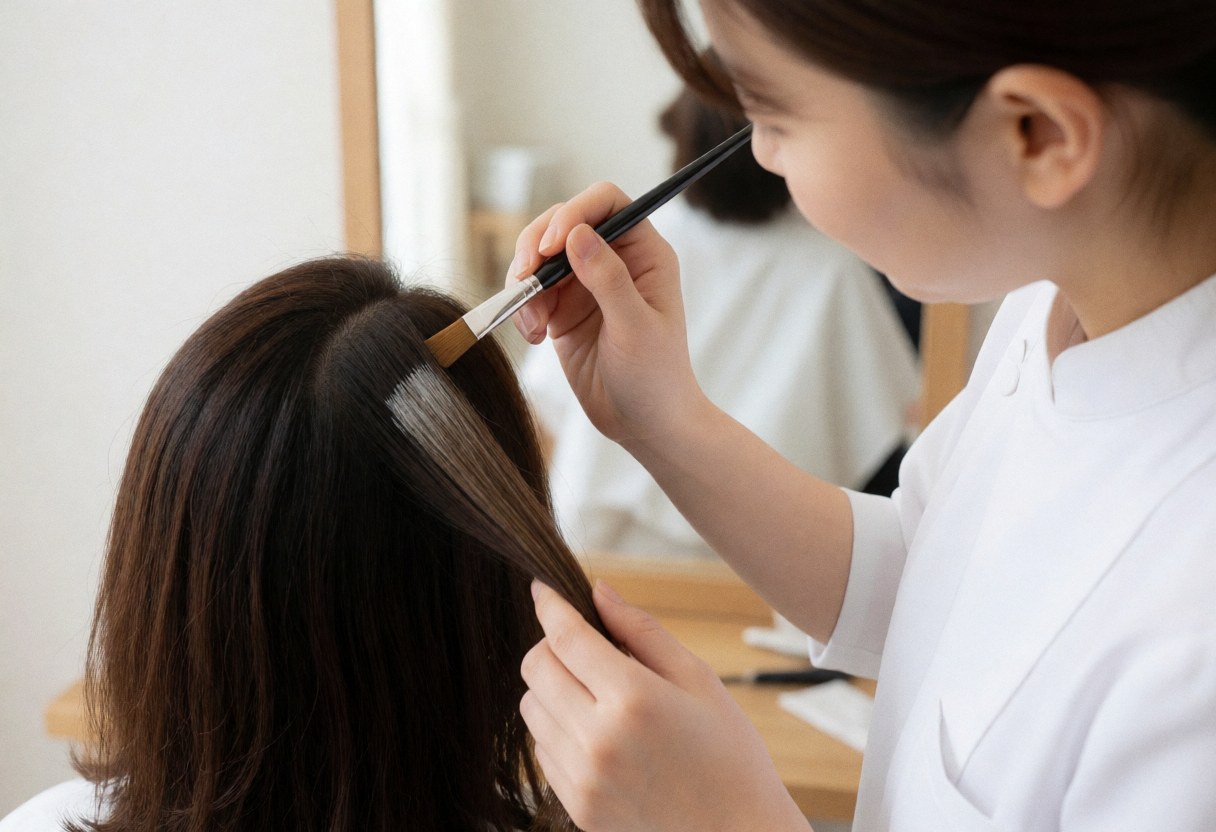 A stylist applies hair color to the roots of a client's hair from behind in a bright, clean salon.