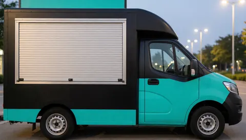 Modern turquoise and black food truck with closed service window, set against a street background with night lights, ideal for commercial text overlays.