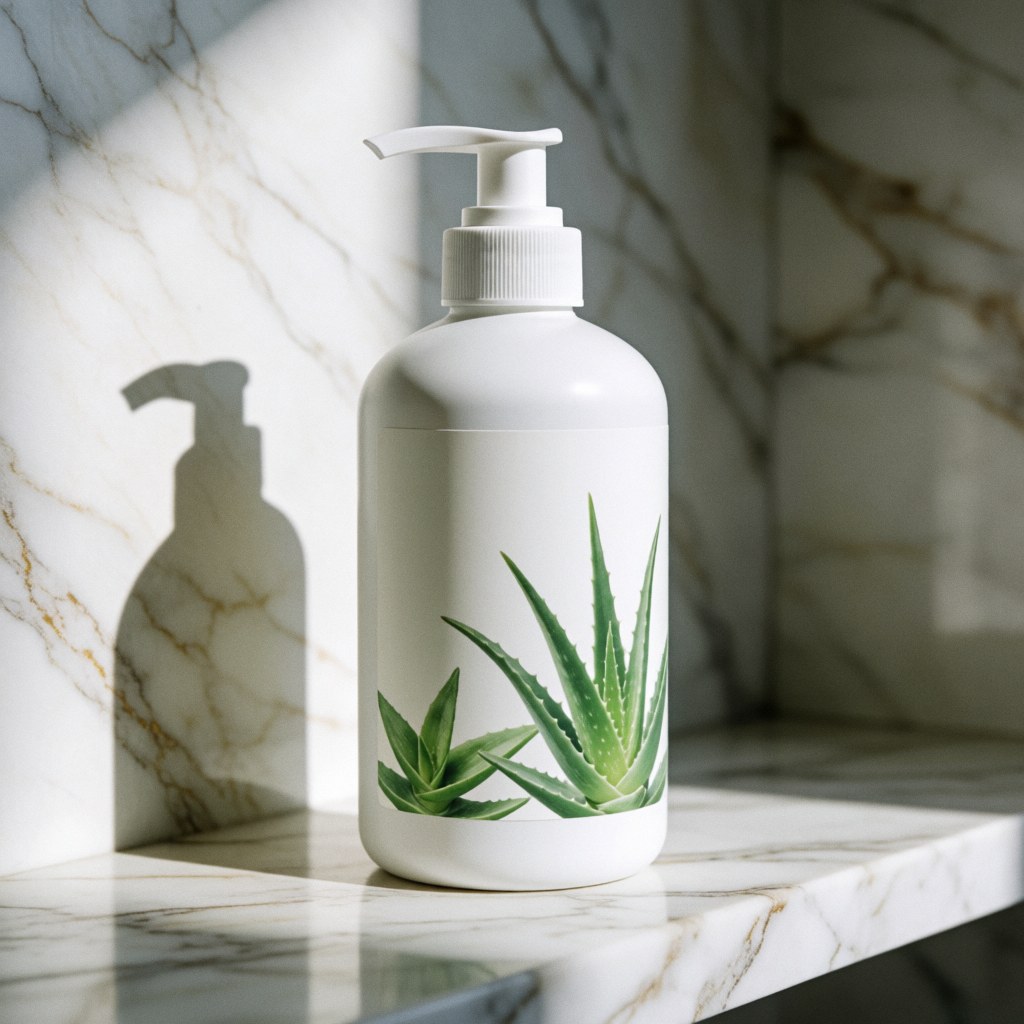 White shampoo bottle with aloe vera illustration on white marble shelf with gold veins, natural light and soft shadows