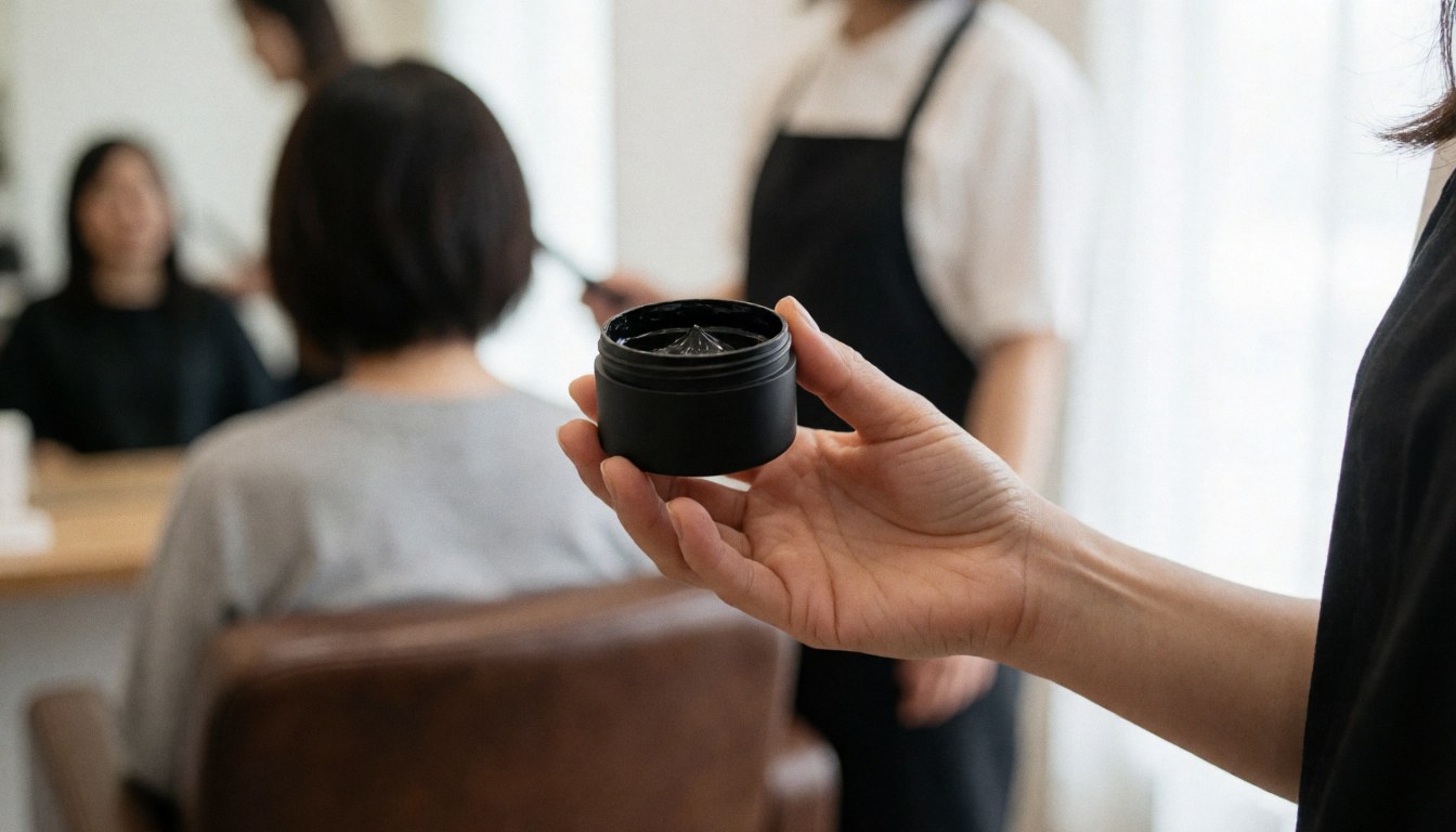 Hand holding black wax tube in salon with client seated and stylist in background