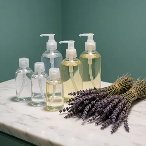 Gel jars and lavender sprigs on a white marble table in a teal-walled aesthetic clinic for personal care products