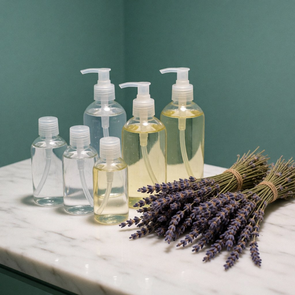 Gel jars and lavender sprigs on a white marble table in a teal-walled aesthetic clinic for personal care products