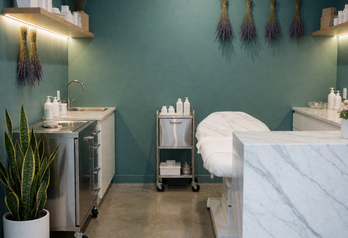 Clean aesthetic clinic interior featuring teal walls, polished concrete floor, marble treatment table, sterilization cart, lavender, and plants for a relaxing atmosphere.