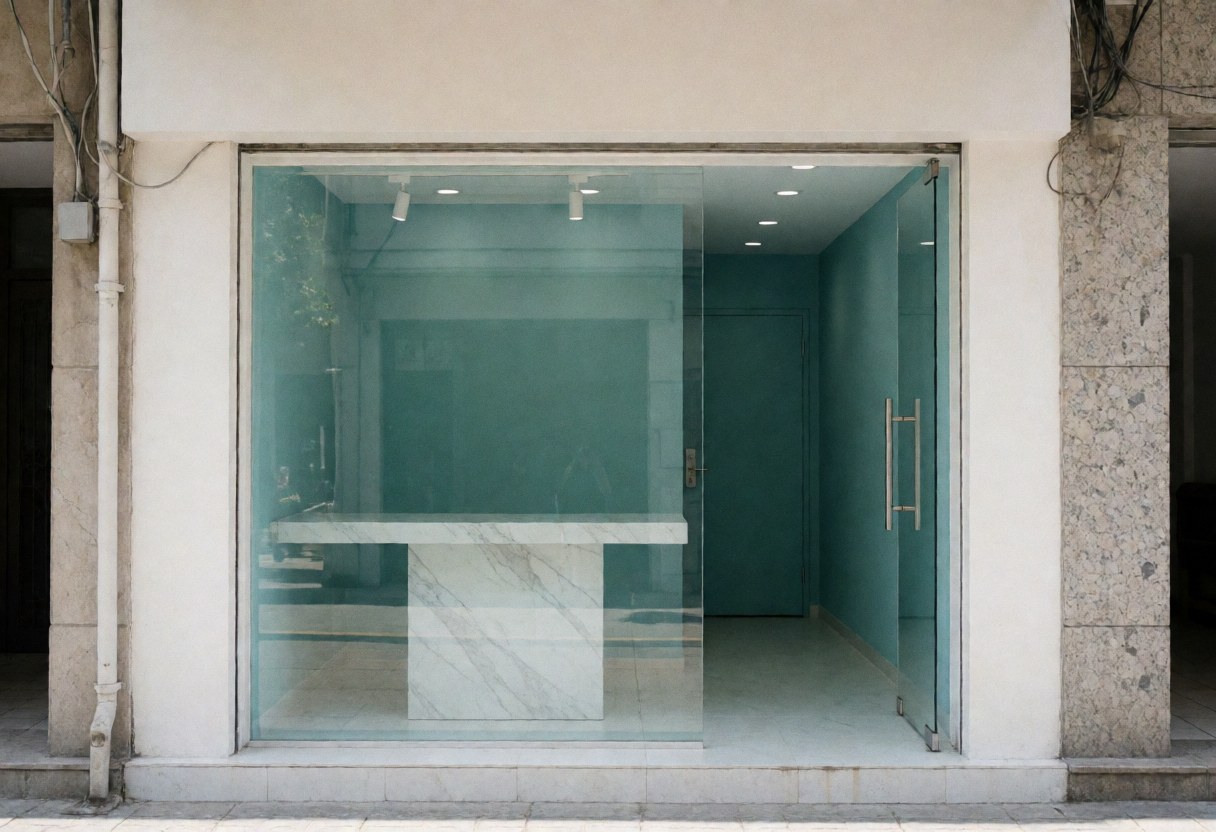 Clean and welcoming entrance of a modern aesthetic clinic featuring teal walls, a marble table, and large glass windows.