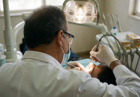 A dentist wearing protective gear performs a professional dental examination on a patient in a clinical setting