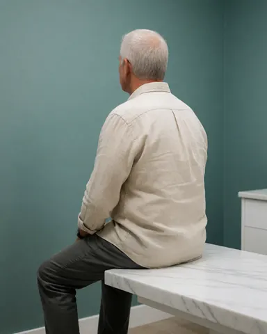 A relaxed senior man sits on a marble table in a turquoise-walled aesthetic clinic, conveying calm and tranquility for beauty and personal care services.