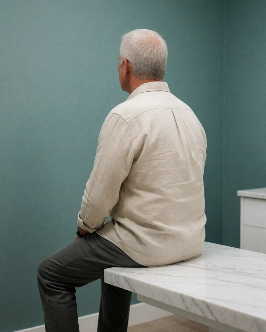 A relaxed senior man sits on a marble table in a turquoise-walled aesthetic clinic, conveying calm and tranquility for beauty and personal care services.
