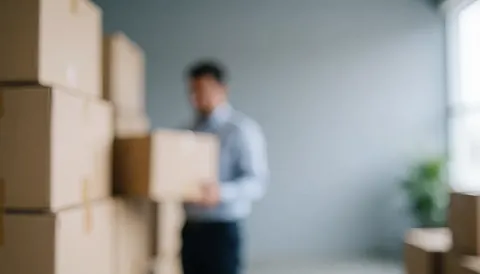 A blurred background of a warehouse with cardboard boxes, suitable for logistics and moving company text overlays