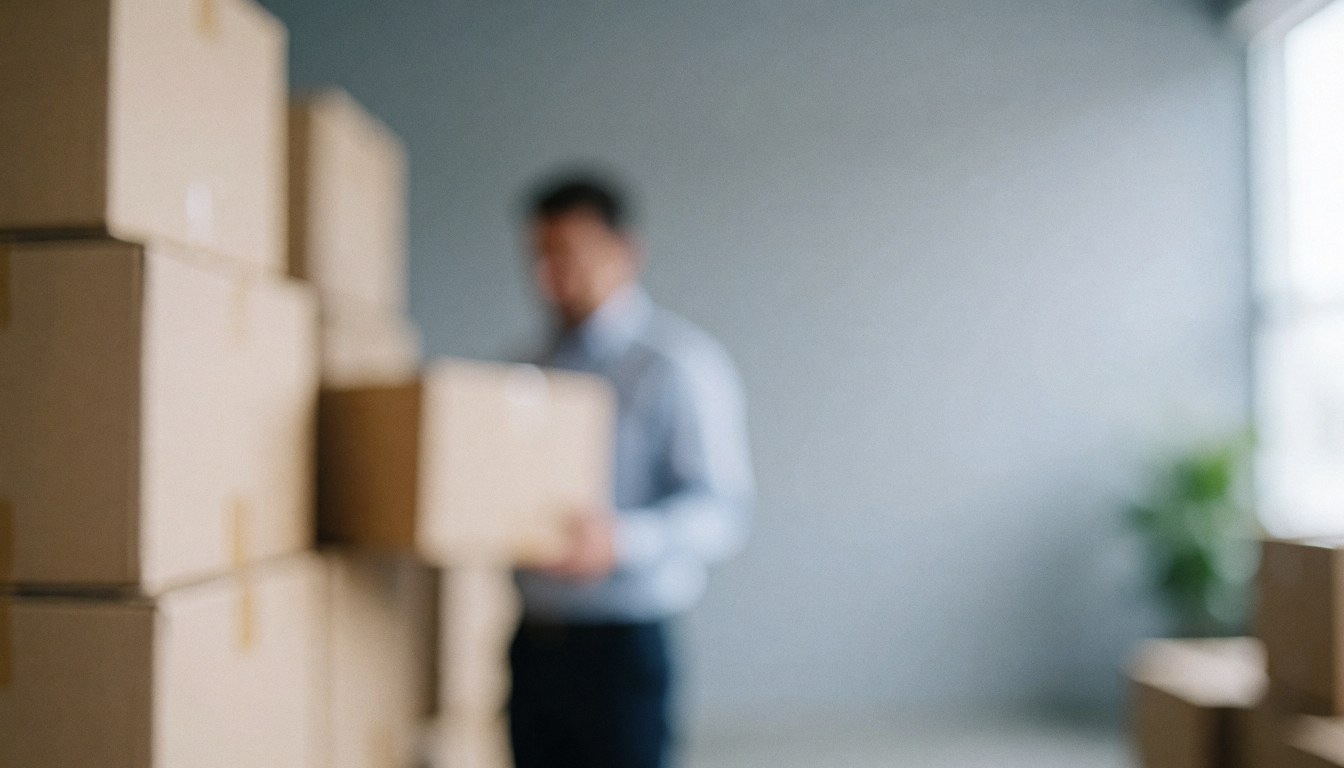A blurred background of a warehouse with cardboard boxes, suitable for logistics and moving company text overlays
