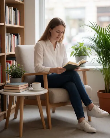 A woman reads a book in a comfortable chair by a window, surrounded by a small table, coffee cup, and green plants in a bookstore.