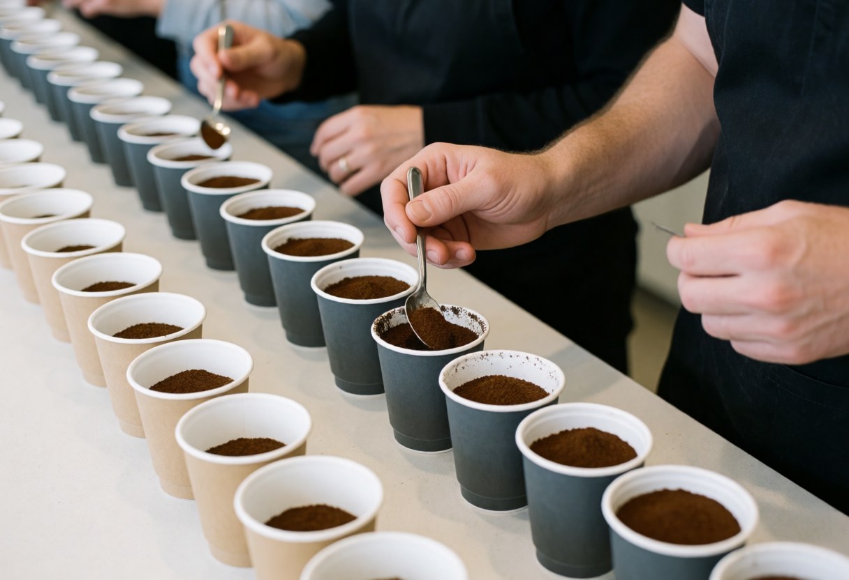 Close-up view of specialty coffee cupping with ceramic cups and hands evaluating quality