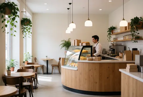 Interior of a cozy coffee shop featuring a curved wooden counter, hanging plants, tables, chairs, and natural light with a person working.