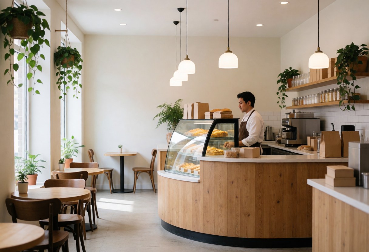Interior of a cozy coffee shop featuring a curved wooden counter, hanging plants, tables, chairs, and natural light with a person working.
