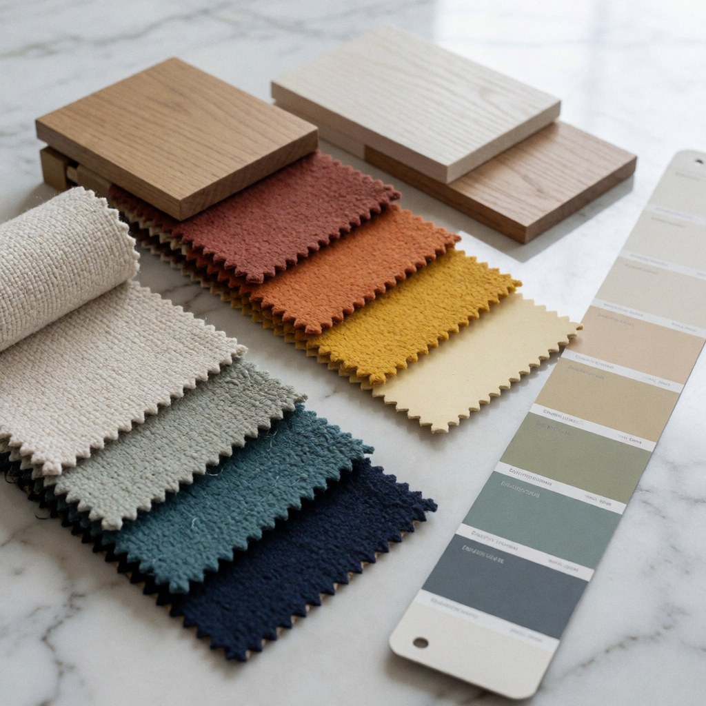 Gradient fabric wood and paint swatches arranged on a marble surface with soft lighting for interior design and architecture projects