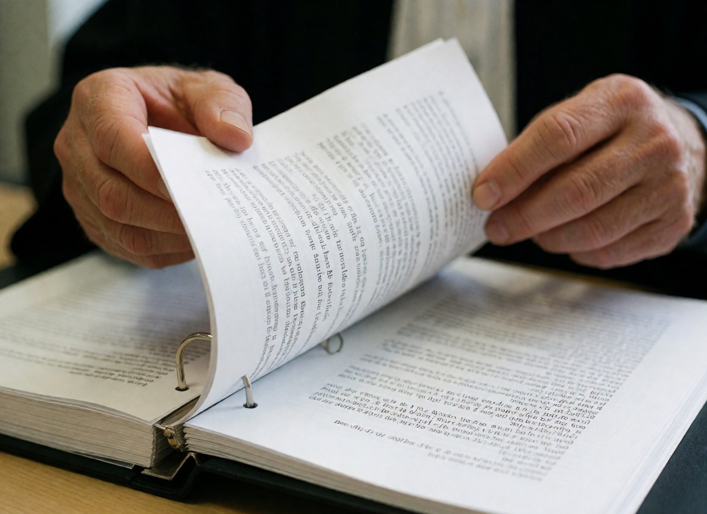 Close-up of adult hands flipping through the pages of a white legal binder with blurred text in a professional office setting with natural light.