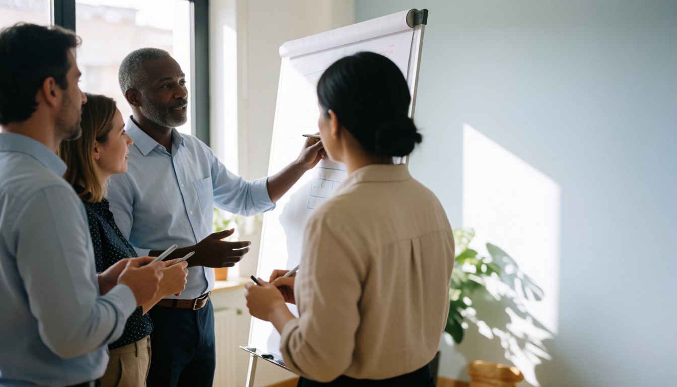 Four professionals collaborate in a modern office, with one writing on a whiteboard while others observe and discuss under natural light.