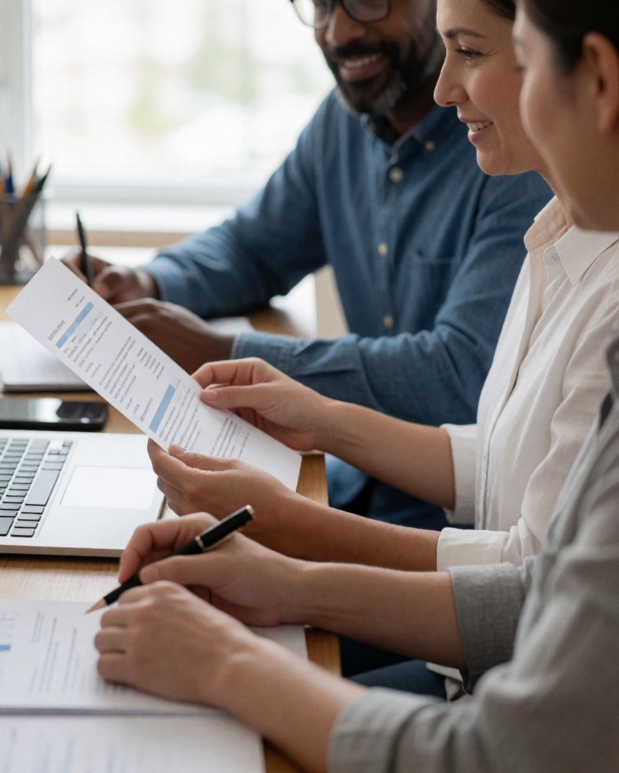 A satisfied customer reviews documents with a consultant using a laptop at a home desk, smiling in a bright professional setting.