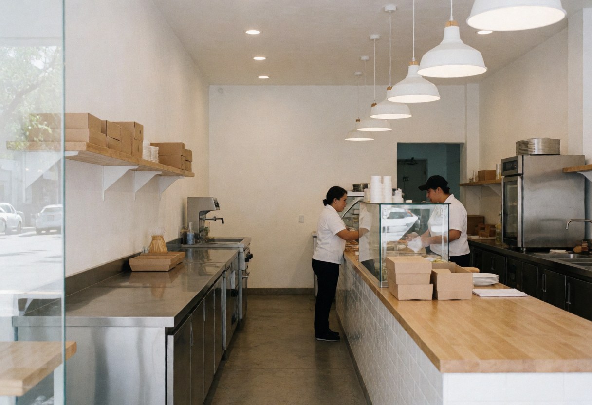 Bright and tidy taqueria interior featuring a white counter, stainless steel cooking equipment, wooden tables, and a clean minimalist design suitable for fast food businesses.