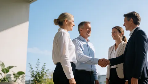 Four business professionals shaking hands and smiling in a modern outdoor park setting under a clear blue sky.