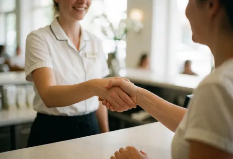 A smiling waitress waves hello to a guest at a bright hotel reception desk, showcasing professional hospitality and friendly service.