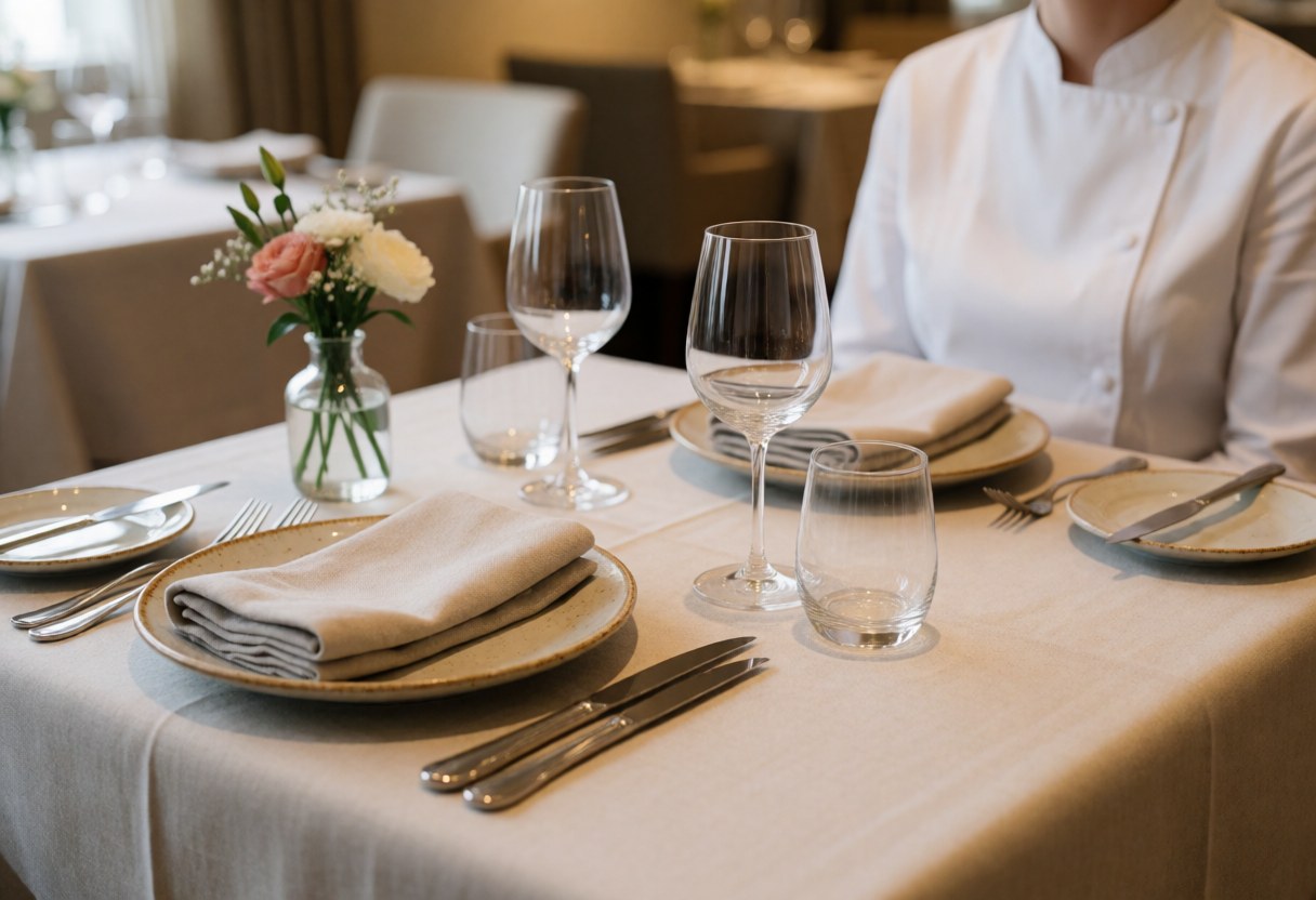 A beautifully set dining table with fine china, glassware, and a floral centerpiece, prepared to welcome customers in a restaurant.
