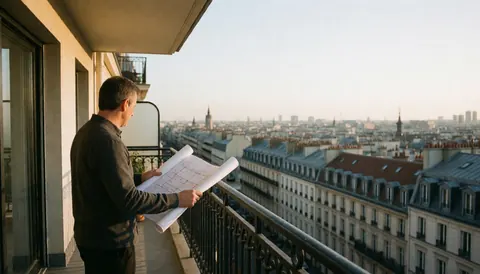 Middle-aged real estate agent reviewing architectural blueprints on a balcony with a panoramic city view during golden hour sunset.
