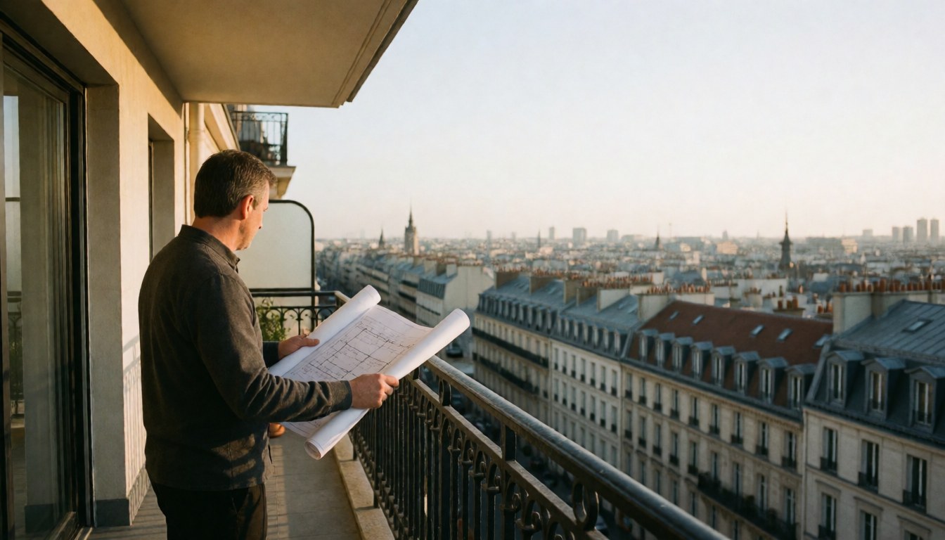 Middle-aged real estate agent reviewing architectural blueprints on a balcony with a panoramic city view during golden hour sunset.
