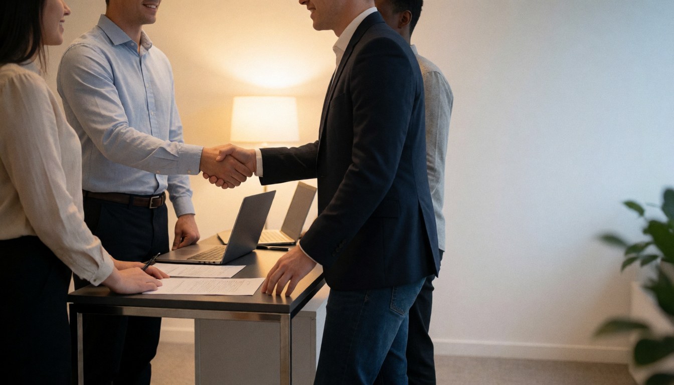 Two professionals sign a business contract at a desk with laptops and documents in a warmly lit modern office space