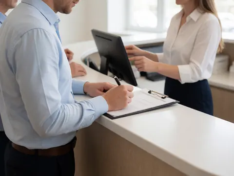 A patient signs a document at a modern clinic reception desk while a receptionist works on a computer in a clean, professional environment.