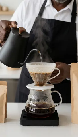 A barista preparing specialty coffee using a kettle and dripper with steam rising in a professional coffee shop setting