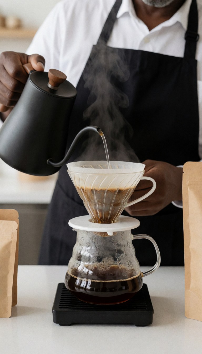 A barista preparing specialty coffee using a kettle and dripper with steam rising in a professional coffee shop setting