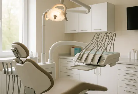 Clean and professional modern dental office featuring a dental chair, bright lighting, instruments, white cabinets, and natural light from a window