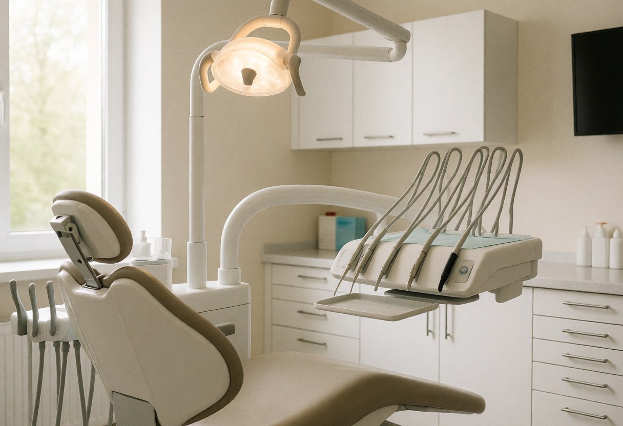 Clean and professional modern dental office featuring a dental chair, bright lighting, instruments, white cabinets, and natural light from a window