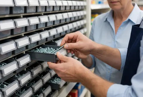 A hardware store employee carefully choosing screws from neatly arranged storage containers in a clean, well-lit retail environment.