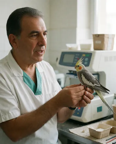 Professional veterinarian holds a calm cockatiel while explaining bird care with modern medical equipment in the background