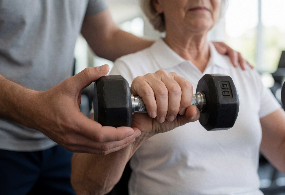 Personal trainer assisting an older client with dumbbell exercise in a gym, focusing on hands and tool with blurred background