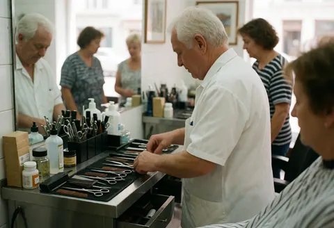 Senior barber in white uniform arranging scissors and combs on a stainless steel station with clients in the background