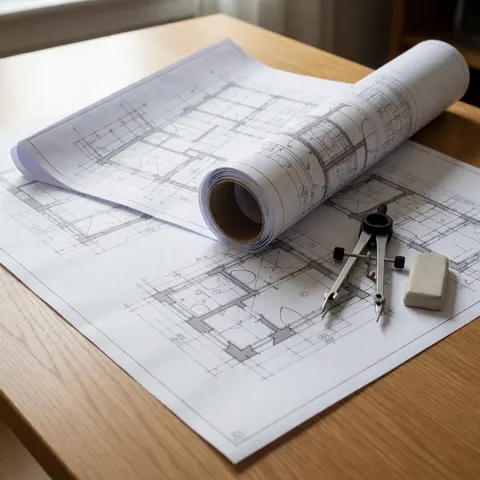 Unfolded architectural blueprints and drafting compass resting on a light wooden desk with natural lighting, ideal for interior design and construction projects