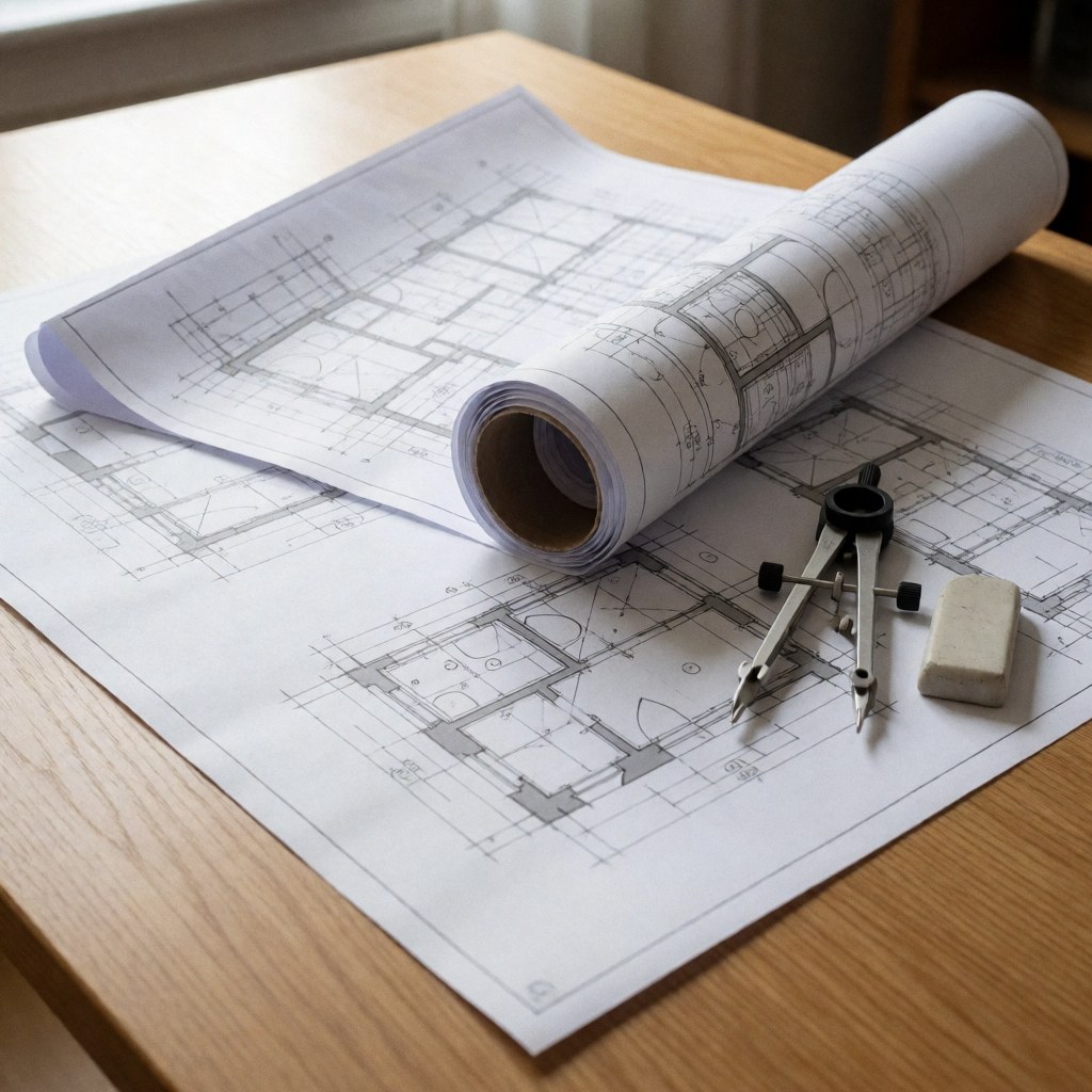 Unfolded architectural blueprints and drafting compass resting on a light wooden desk with natural lighting, ideal for interior design and construction projects