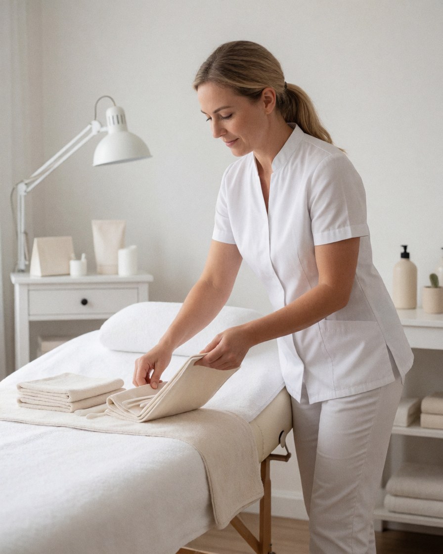 A therapist in a clean modern spa arranging white towels on a massage table to prepare the space for a relaxation treatment.