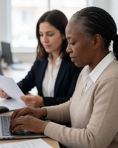 A diverse group of banking professionals collaborating around a wooden desk in a bright office, using computers and reviewing documents to discuss financial strategies.