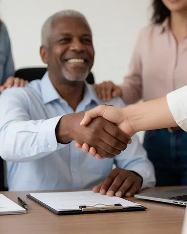 A smiling businessman shaking hands with a client in a professional office setting, with a laptop and contract visible on the desk.